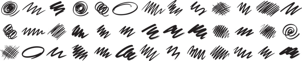 Obraz premium Variety of abstract hand-drawn black scribbles, circles, swirls and zigzag marks arranged in rows with textured brush strokes and sketchy appearance.