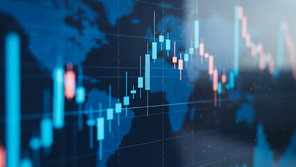 Digital stock market candlestick chart displayed over a glowing world map background, highlighting global financial trends, interconnected trading networks, and the fast-paced rhythm of market