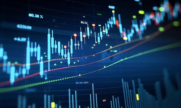 Animated financial stock market chart with a rising graph and trend line, symbolizing business growth, success, and profit. Investment and economy data visualization motion graphics video footage. - Powered by Adobe