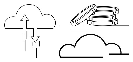 Cloud with arrows, stack of coins, and minimalist clouds symbolize data transfer, storage, wealth. Ideal for technology, finance, internet, investment cloud services economy simple flat metaphor