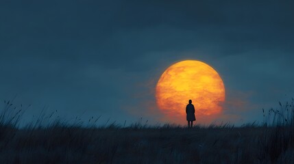 Solitary figure watches large orange moon rise over grassy field.