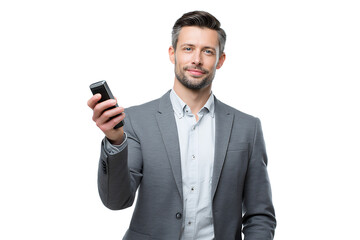 Confident businessman holding smartphone, connecting with clients, and navigating success with modern technology and a professional appearance that conveys trust and competence