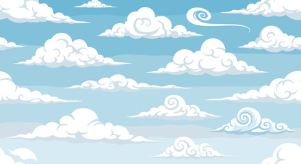 Fototapeta premium Various types of fluffy white clouds drifting across a clear blue sky in a cartoonish style.