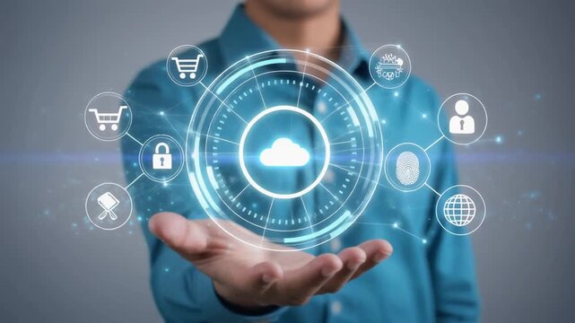 Cloud Computing Interface with Connected Digital Services Projected Above Hand in Futuristic Environment businessman pressing social network button 4k video