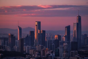 Modern City Skyline at Sunset with Glass Towers Reflecting Golden and Orange Light, Vibrant Sky Gradient of Blue and Purple, Mountain Silhouette and Serene Urban Landscape