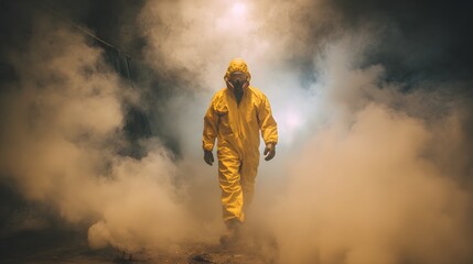 Person in hazmat suit walks through thick smoke.