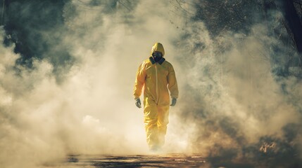 Person in protective suit walks through dense smoke and fog.