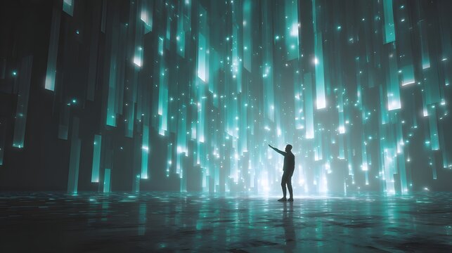 Person touches glowing digital rain in a futuristic chamber.