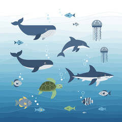 Obraz premium Underwater Ocean Life Scene with Various Marine Animals.