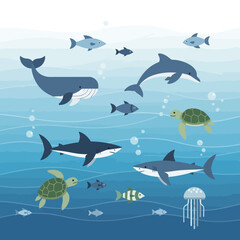 Obraz premium Underwater Ocean Life Scene with Whales Dolphins Sharks Turtles and Jellyfish.