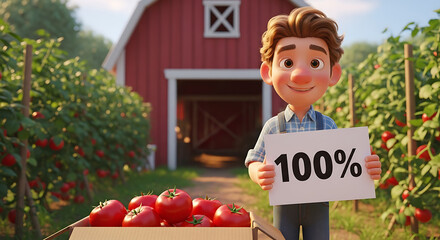 Cartoon Farmer Proudly Presents 100% Fresh Tomatoes