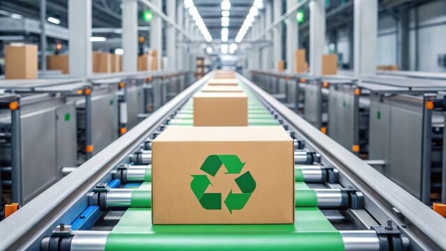 Conveyor belt with cardboard boxes featuring a recycling symbol in a modern facility.