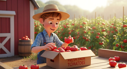 Fresh Farm Tomatoes: A Cartoon Farmer's Harvest
