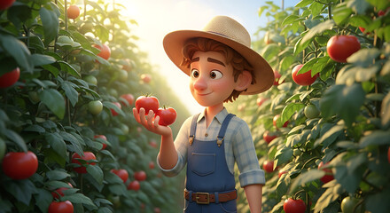 Cartoon Farmer Harvesting Ripe Tomatoes in Greenhouse