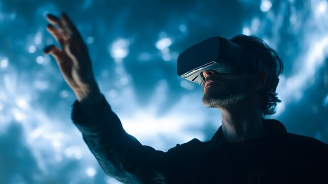 Man wearing virtual reality headset explores a digital world with outstretched hand.