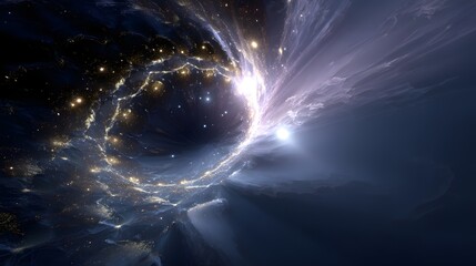 Surreal cosmic vortex shaped like a spiral clock glowing in deep galaxy with nebula hues, ethereal light and wide negative space perfect for futuristic design or fantasy art.