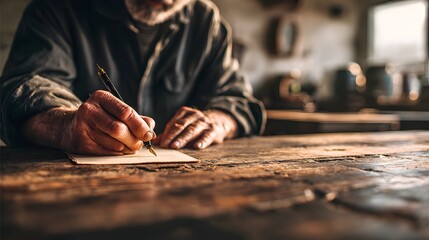 Elderly man with a pen writes on paper at a wooden table.