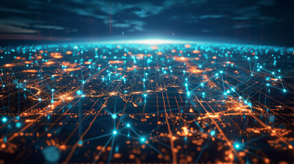 Abstract futuristic city nightscape with glowing blue and orange data network lines. Global communication, big data, and technology concept. Digital background for business, science, or internet prese