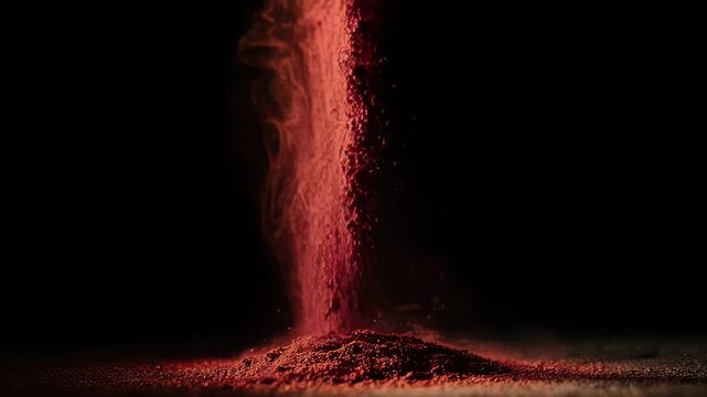 An artistic slow motion shot of vibrant red sumac powder falling through a beam of light against a dark background. Evokes Middle Eastern cuisine and exotic flavor.