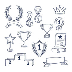 Triumph doodle art with crown, trophy, laurel, and medals for champion projects to celebrate success, achievement, and victory in your winner marketing campaign