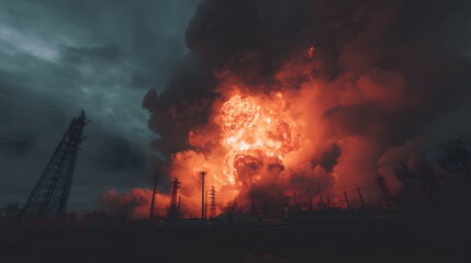 Industrial facility erupts in a massive fireball under stormy skies.