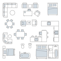 Detailed architectural floor plan icons showcase modern furniture layout ideas for interior design projects, perfect for visualizing home concepts and spatial planning