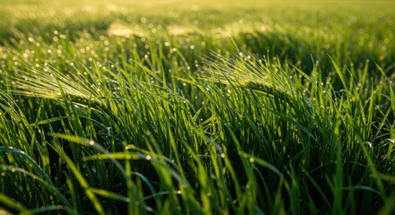 Close-up of green wheat grass field illuminated by morning sunlight with dew drops, perfect for nature backgrounds and agriculture themes