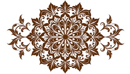 A symmetrical floral design, radiating from a central point. It features elaborate leafy patterns in a rich brown hue against a white background