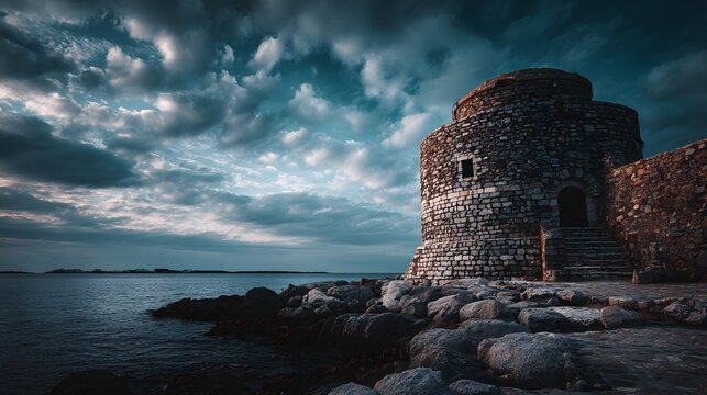 Stone tower stands by the water under dramatic cloudy skies. - Powered by Adobe