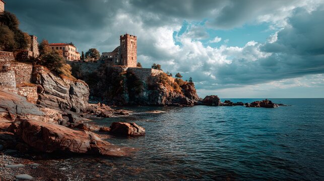 Ancient fortress overlooks rugged rocky coast with stormy sea and sky.