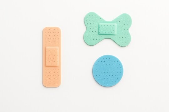 Top view three colorful adhesive bandage patches arranged in a neat triangular layout on pure white clean first aid layout for health and pharmacy design