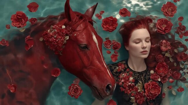 Woman and horse submerged in water adorned with red flowers