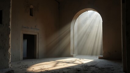 Sunlight streaming through an arched doorway into a dusty, abandoned room, creating dramatic light rays and shadows.