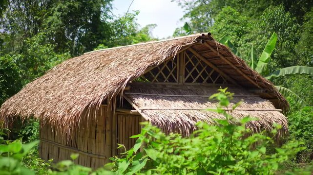 A thatch-roofed hut nestled amidst lush greenery, showcasing traditional construction in a natural setting
