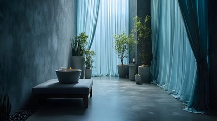 Serene room with plants and a bowl of water provides peaceful ambiance.