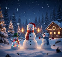 Obraz premium Snowmen standing in winter Christmas night landscape.Winter background.