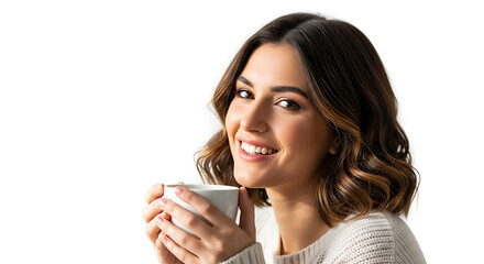 Radiant Woman Enjoying a Warm Beverage on White