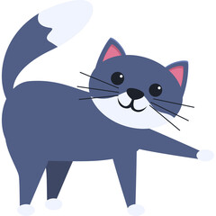 Playful Cartoon Cat with Gray Fur White Chest and Tail Tip Standing on Transparent Background with Happy Expression