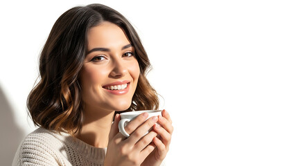 Radiant Woman Enjoying a Warm Beverage on White