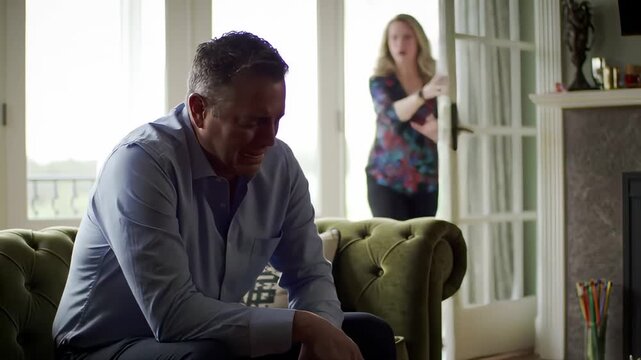 A man in a blue shirt sits dejectedly on a green sofa, another person appears in the background