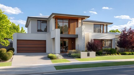 Modern two-story residence with a wood garage door and lush landscaping.