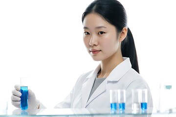 Fototapeta premium Young Asian female scientist in a white coat, isolated in a sterile laboratory, holding a blue test tube