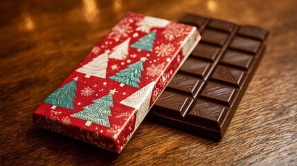 A chocolate bar and its festivewrapped package sit on a wooden surface featuring a red and white color scheme with green christmas tree designs