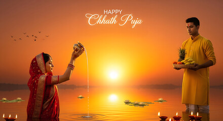 Indian couple performing Chhath Puja ritual with offerings at sunrise radiant sunset sky serene water
