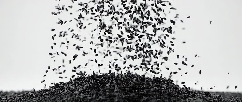 A minimalist, high-contrast slow motion video of a dense shower of black poppy seeds falling like sand. Great for baking and texture concepts.
