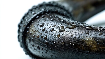 Fototapeta premium Black Pipe and Water Droplets: A close-up view reveals a textured black pipe glistening with individual water droplets, highlighting the interplay of light and texture.