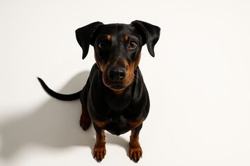 Obraz premium Doberman Pinscher sitting centered top down looking up with ears forward on white clean studio dog portrait