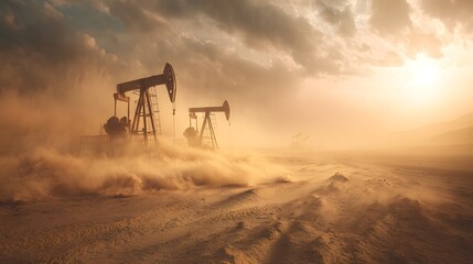 Two oil pumpjacks operate in a dust storm at sunset.