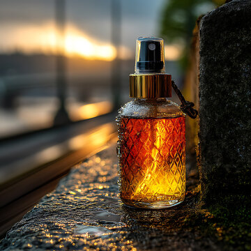 Elegant Glass Perfume Bottle with Amber Liquid at Sunset