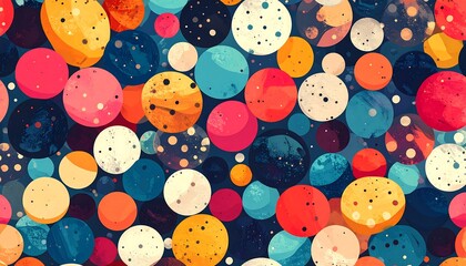 Obraz premium A vibrant, abstract composition featuring a multitude of multicolored, speckled spheres overlapping against a deep blue background. The circles vary in size and hue